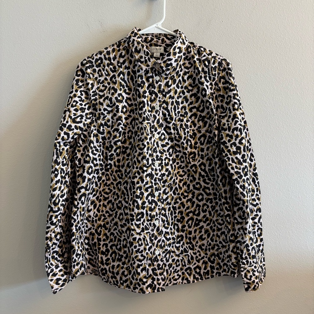 J. Crew Leopard button-up cotton poplin shirt in signature fit Size Large NEW